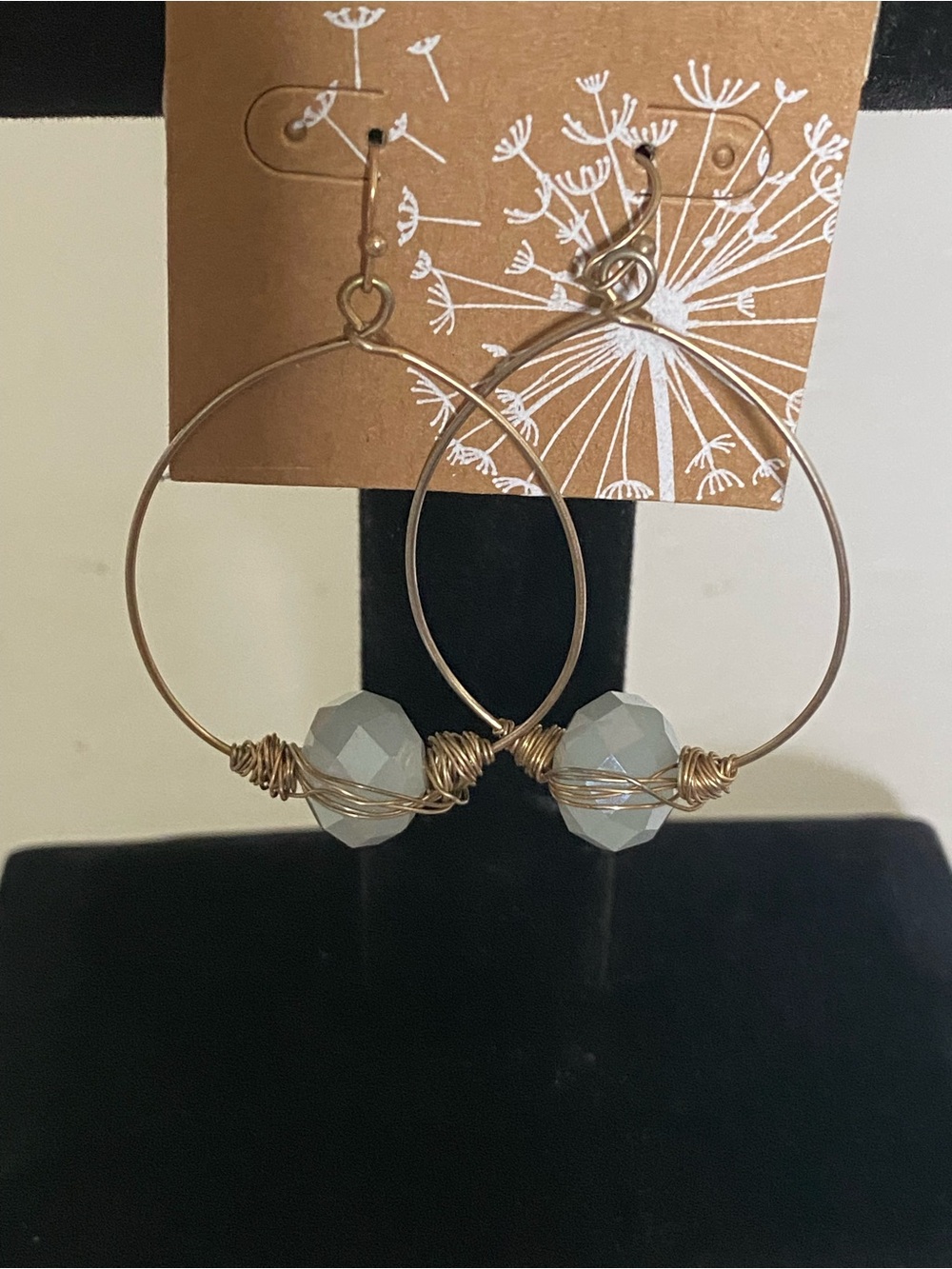 Handcrafted Wire Wrap Gold Tone Oval Hoop Drop Earrings Faceted Blue Gray Beads